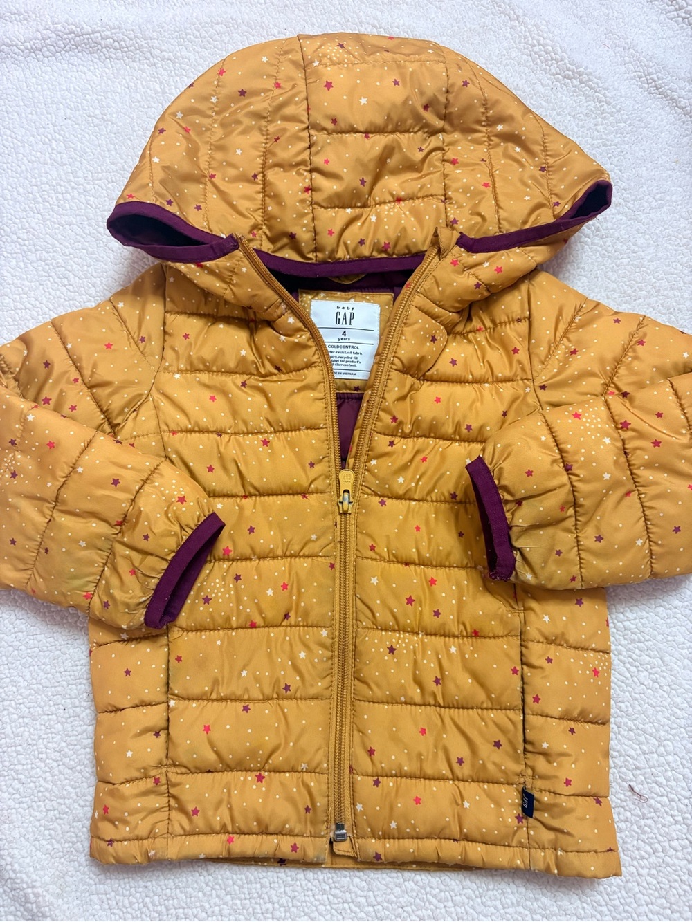 GAP Mustard Yellow Star Print Puffer Jacket with Hood